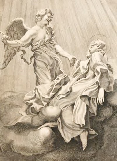 Benoît Thiboust, Éxtasis de santa Teresa, Estampa a buril y aguafuerte, ca.1681, Real Biblioteca, Patrimonio Nacional, Madrid